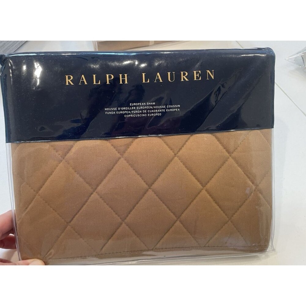 Ralph Lauren European Euro Sham‎ Quilted Cromwell Modern Equestrian Brown Camel